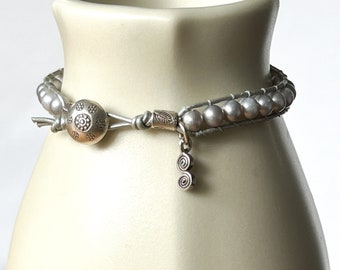 Silver Grey Freshwater Vintage Pearl Beaded Leather Bracelet with Thai Fine Silver Button and Double Spiral Charm  Boho Sundance Style