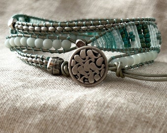 Matte Aventurine Gemstone and Silver Three Wrap Beaded Leather Bracelet Boho Sundance Style