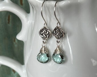 Green Amethyst Briolette and Sterling Silver Celtic Knot Earrings with French Ear Wires Boho Sundance Style