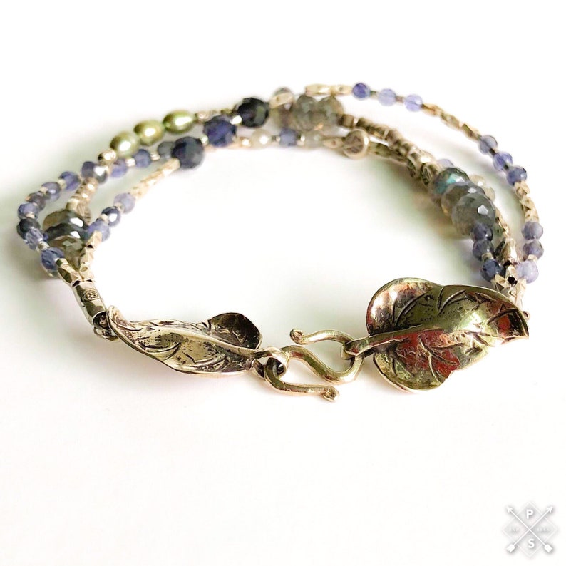 Labradorite Pearl Iolite and Thai Silver Multi Gemstone Three Strand Bracelet with Bronze Leaf Clasp Boho Sundance Style
