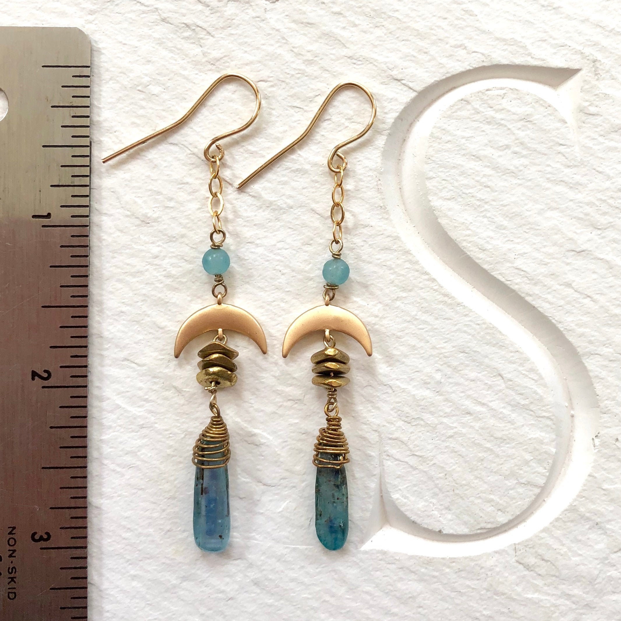 Crescent Celestial Golden Moon Drop Kyanite and Apatite Boho