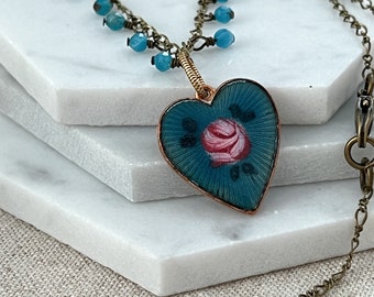 Valentine Necklace with Vintage Teal Enameled Heart Pendant on Brass Rosary Chain with Apatite Gemstones Boho Sundance Style