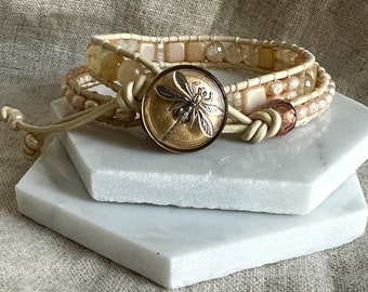 Dragonfly Two Wrap Beaded Leather Bracelet in Pale Yellows Boho Sundance Style