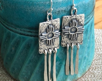 Southwestern Tribal Zia Sterling Silver Fringe Earrings with Sterling French Ear Wires Boho Sundance Style