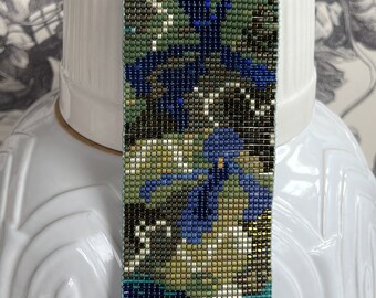 Midnight Garden Cuff with Iris Extra Wide Hand Loomed Beaded Cuff Bracelet with Magnetic Clasp Boho Sundance Style