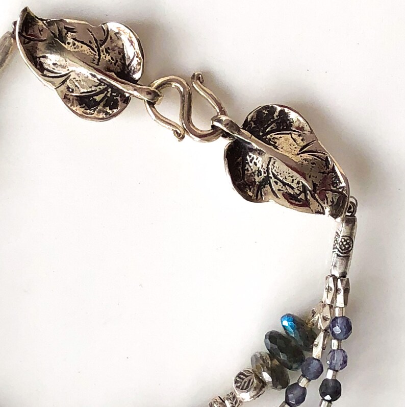 Labradorite Pearl Iolite and Thai Silver Multi Gemstone Three Strand Bracelet with Bronze Leaf Clasp Boho Sundance Style