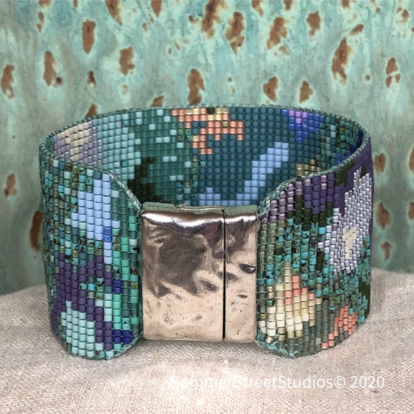 Beaded Blues 7 1/4” Modern Floral Wide  Loomed Cuff Bracelet with Magnetic Clasp Boho Sundance Styles