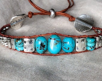 Southwestern Turquoise and Silver Leather Adjustable Bracelet Boho Sundance Style