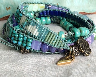 Gold Heart Turquoise, Purple and Blue Four Wrap Beaded Leather Bracelet Boho Sundance Style