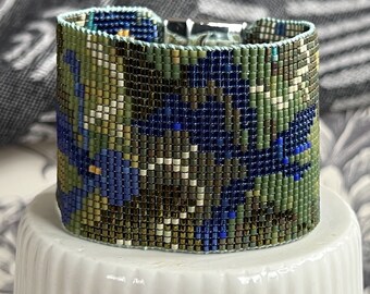 Midnight Garden with Iris Extra Wide Hand Loomed Beaded Cuff Bracelet with Magnetic Clasp Boho Sundance Style