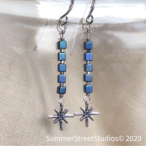 Starburst Earrings: Blue Iridescent Beads, Sterling Silver French Wires