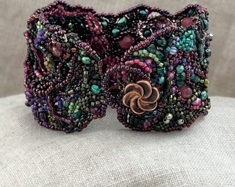 Plum Freestyle Tapestry Beaded Couture Cuff Bracelet Boho Sundance Style