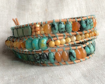 Southwestern Style Silver and Turquoise Beaded Leather Multi Gemstone Three Wrap Bracelet with Thai Silver Button