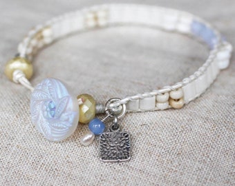 Pearly White and Sky Blue Beaded Bracelet with Chalcedony Bridesmaid Wedding Bridal Minimalist Boho Sundance Style