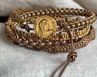 Brass and Gold Four Wrap Leather Bracelet Boho Sundance Style