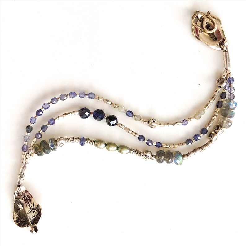 Labradorite Pearl Iolite and Thai Silver Multi Gemstone Three Strand Bracelet with Bronze Leaf Clasp Boho Sundance Style