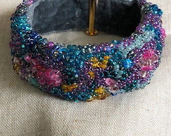Waterlily Impressionist Beaded 7" Cuff Bracelet with Silk Velvet Lining and Tube Clasp Boho Sundance Style