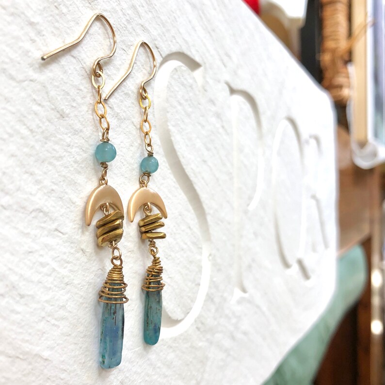Crescent Moon Drop Kyanite and Apatite Boho Earrings