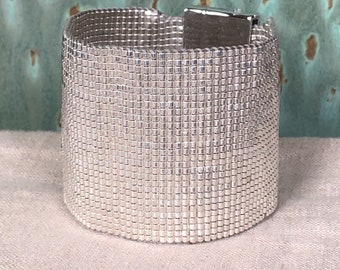 Extra Wide /Sterling Silver /Cuff Bracelet /Beaded/Hand Loomed/ Magnetic Clasp Boho Sundance Style