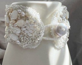 Pearly White Beaded Freestyle Couture Cuff Sundance Style