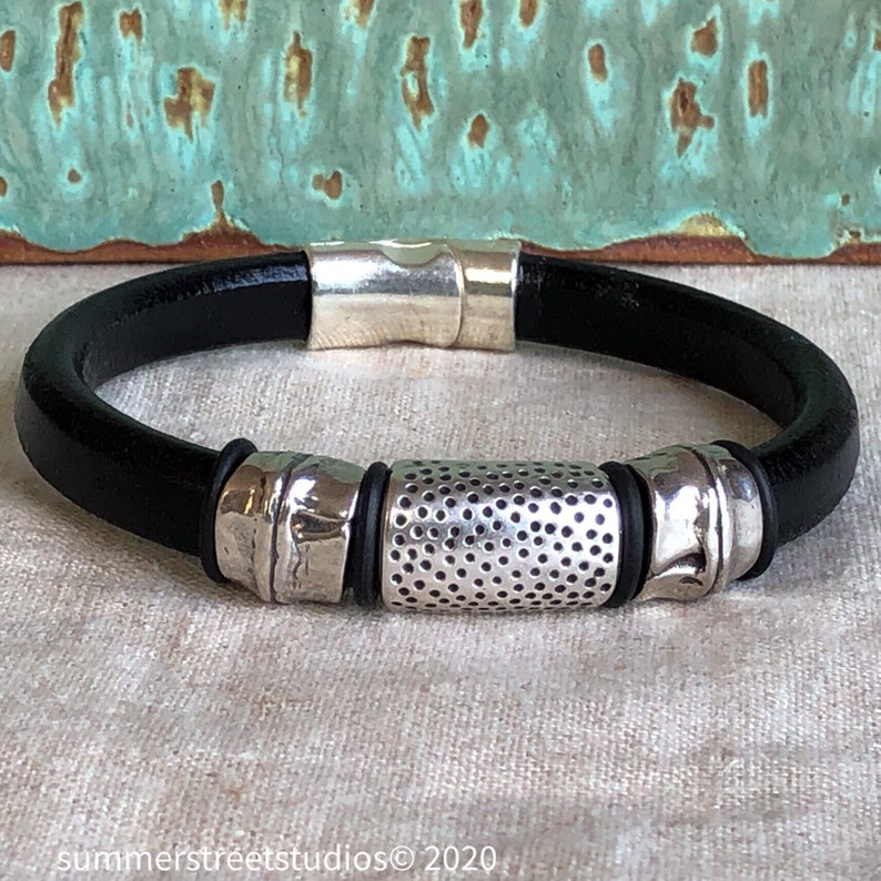 Personalise Silver and Black Leather Six Choice Bracelet with Magnetic Clasp Boho Sundance Style