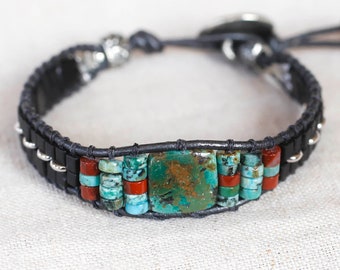 Turquoise and Jasper Cuff Bracelet with Silver Southwestern Boho Sundance Style