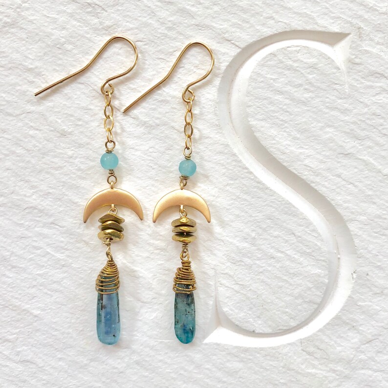 Crescent Moon Drop Kyanite and Apatite Boho Earrings
