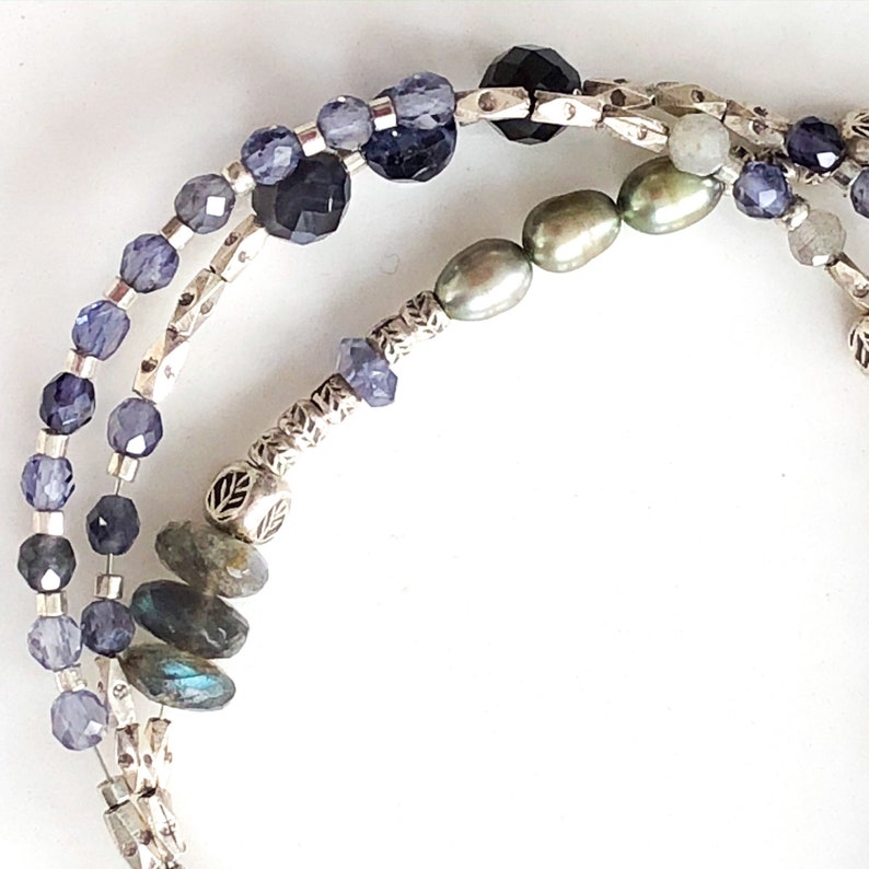 Labradorite Pearl Iolite and Thai Silver Multi Gemstone Three Strand Bracelet with Bronze Leaf Clasp Boho Sundance Style