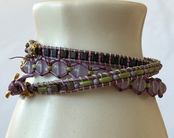 Spring Green and Lavender Chalcedony Gemstone Three Wrap Beaded Leather Bracelet with Gold Pirouette Button and Rings Boho Sundance Style