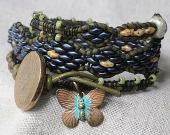 Sale-Butterfly and Antique Brass Beaded Leather Three Wrap Bracelet Boho Sundance Style