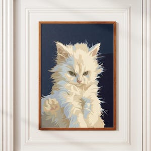Grumpy White Kitten Painting, Quirky Cat Art Print, Stylized Feline Poster