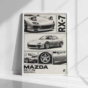 Mazda RX-7 FD-afdruk: JDM Drift-poster (ingelijste zwart-wit halftoon)