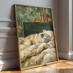 The Sleeping Pug print framed in a classic wooden frame, showcased in a modern living room setting.