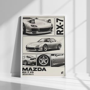 Może przedstawiać: Oprawiony plakat przedstawiający srebrną Mazdę RX-7. Plakat ma układ siatki z wieloma widokami samochodu, w tym przód, bok i koło. Tekst "RX-7" i "MAZDA RX-7 FD" jest wyświetlany w kolorze czarnym.