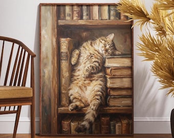 May include: A framed painting depicts a tabby cat napping on a stack of books within a wooden bookshelf. The artwork features warm, earthy tones, with the cat's fur showcasing brown and tan stripes. The books are aged, adding to the vintage aesthetic.