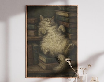 Cozy Library Cat Print, Sleeping Kitten Among Books