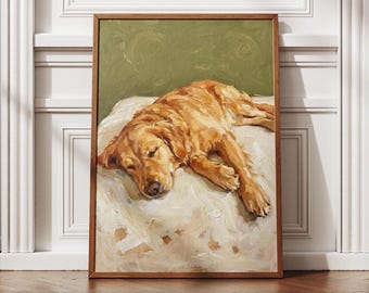Sleeping Golden Retriever Oil Painting Print | Cozy Dog Wall Art