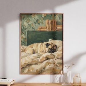 Oljemålning med sovande mops, mysig hundsovrumskonst, present till mopsälskare, impasto-väggdekoration