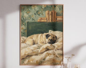 Sleeping Pug Oil Painting, Cozy Dog Bedroom Art, Pug Lover Gift, Impasto Wall Decor