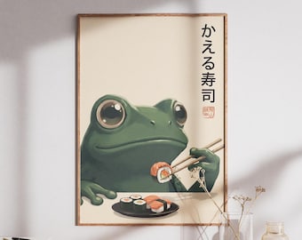 Impression de grenouilles japonaises et de sushis - Décoration murale amusante pour la cuisine kawaii