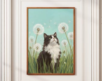Lámina decorativa de gato y diente de león para la habitación infantil.