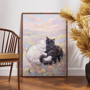 Pôster com estampa de gatos dormindo em tons pastel e prado de flores silvestres.