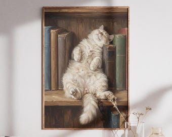 Sleepy Library Cat Art Print | Cozy Reading Nook Wall Decor