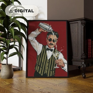 Cocktailshaker-Poster mit Barkeeper-Motiv, lustiges Martini-Bar-Motiv, Retro-Barkeeper-Poster mit Schnurrbart, Deko für die Hausbar | Poster zum Ausdrucken