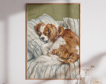 Sleeping Cavalier King Charles Spaniel Print: Cozy Cottagecore Decor