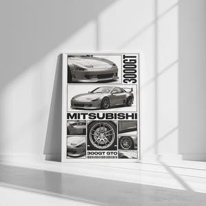 Póster de carreras JDM, Mitsubishi 3000GT GTO, diseño de semitonos.