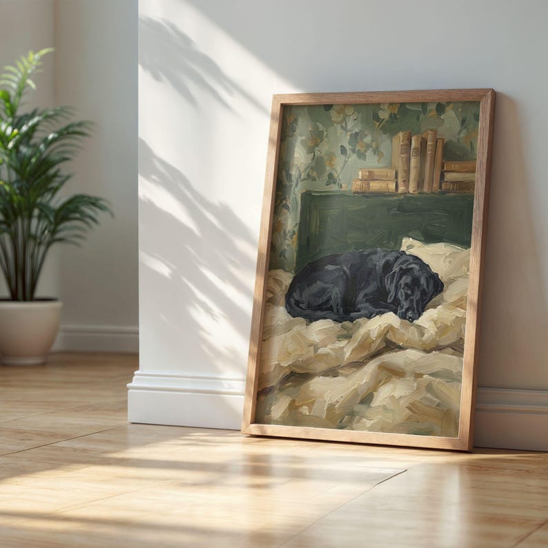 Close-up detail of the Black Labrador art print, showing the thick, textured impasto brushstrokes and rich paint layers on high-quality paper.