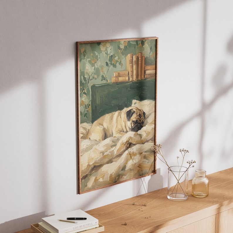 Full view of the Sleeping Pug artwork displayed above a bed in a cozy bedroom with warm lighting.