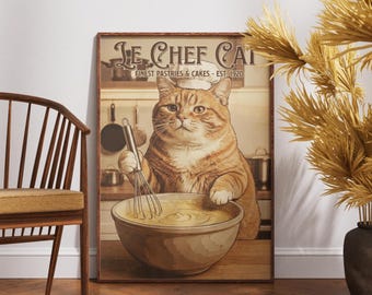 Vintage Chef Cat Poster, Orange Tabby Baking Art (matte Print)