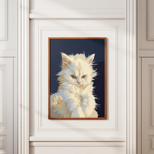 Grumpy White Kitten Painting, Quirky Cat Art Print, Stylized Feline Poster